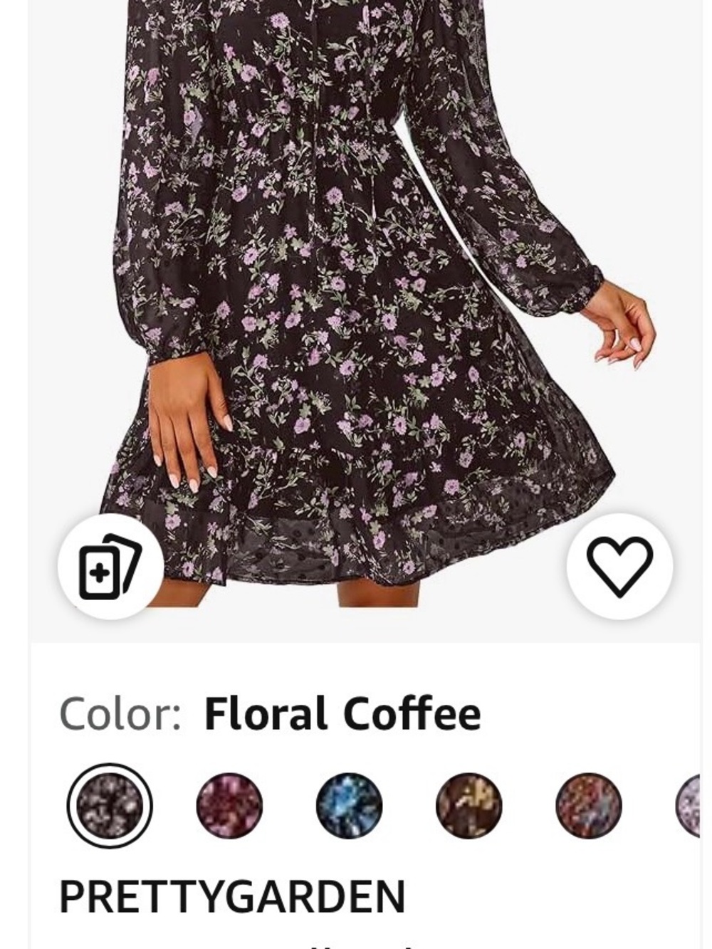 PrettyGarden Floral Long Sleeve Smocked Waist Dress - Coffee